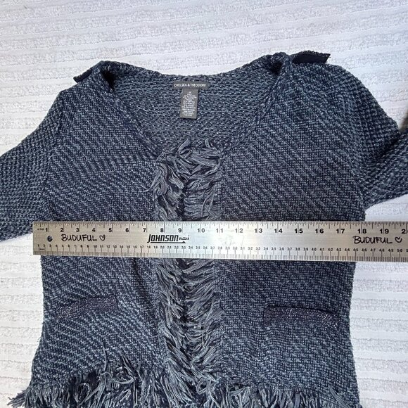 Chelsea & Theodore Women's Open Front Cardigan Sweater Small Blue Fringe Trim - Picture 6 of 8